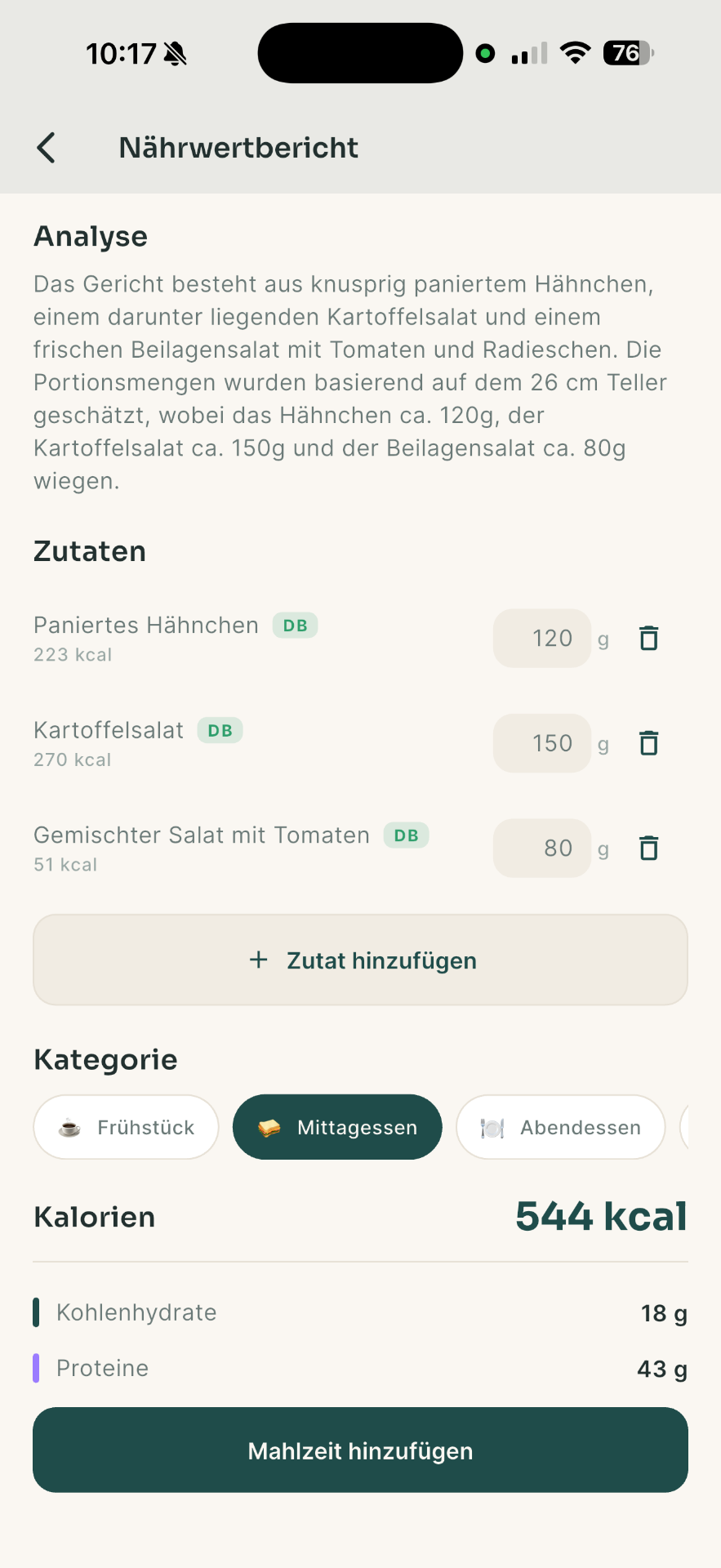 Erkannte Zutaten und Portionen prüfen und korrigieren